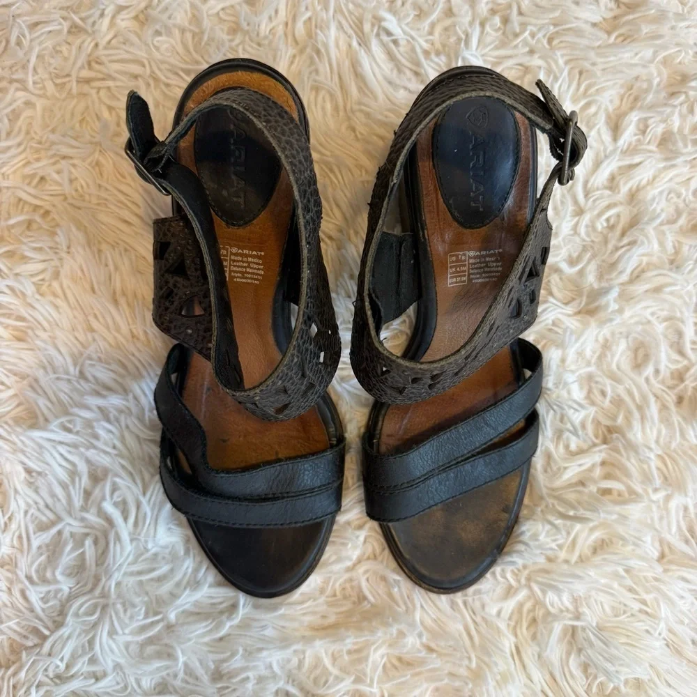 Ariat Poppy Riverstone Leather Cutout Block Heel Sandals black Brown US 7B Boho